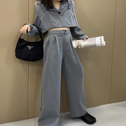 ItGirl Shop NEW 2 In 1 Gray Bra Style Cropped Suit Jacket + Loose Pants