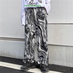 ItGirl Shop Abstract Black And White Pattern Elastic Waist Straight Pants