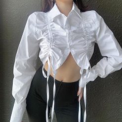 ItGirl Shop Aesthetic Clothing Aesthetic White Blue Ruched Long Sleeve Crop Shirt