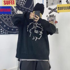 ItGirl Shop Anime Clothing Anime Boys Knit Pattern Loose Black White Sweater
