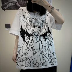 ItGirl Shop Anime Clothing ANIME GIRL PRINTED BLACK AND WHITE OVERSIZED T-SHIRT