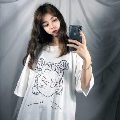 ItGirl Shop Anime Clothing Anime Line Drawing Japanese Characters Oversized White T-Shirt