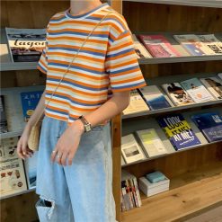 ItGirl Shop Aesthetic Clothing Apricot Stripes Summer Aesthetic Loose T-Shirt