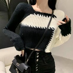 ItGirl Shop Artsy Outfit Art Hoe Color Block Contrast Stitch Knit Cropped Sweater