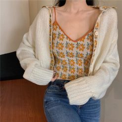 ItGirl Shop Art Hoe Flower Embroidery Cardigan + Knit Crop Top Indie Clothes
