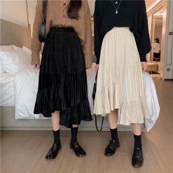 ItGirl Shop Dark Academia Outfits Asymmetric High Elastic Waist Pleated Long Skirt