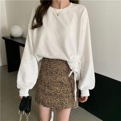 ItGirl Shop NEW Basic Side Drawstring Sweatshirt + Leopard Short Skirt