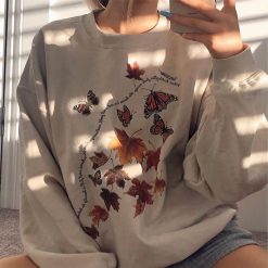 ItGirl Shop Beige Autumn Aesthetic Butterfly Print Loose Sweatshirt Aesthetic Clothing