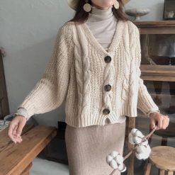 ItGirl Shop Beige Cozy Oversized Cable Knit Cardigan Vintage Clothing