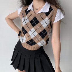 ItGirl Shop Beige Diamond Pattern College Style Knit Sweater Vest Dark Academia Outfits