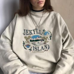 ItGirl Shop Indie Clothes Beige Vintage Us States Print Oversized Sweatshirt