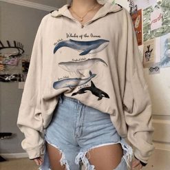 ItGirl Shop Aesthetic Clothing Beige Whales Art Aesthetic Print Loose Pullover