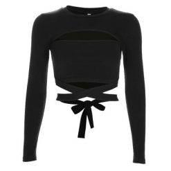 ItGirl Shop Black Aesthetic Cutout Straps Long Sleeved Crop Top