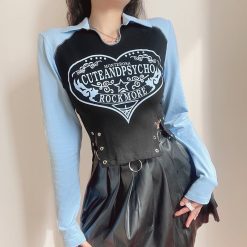 ItGirl Shop ???? Valentines Day Black And Blue Edgy Heart Print Side Aglets Slim Shirt