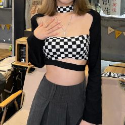 ItGirl Shop Black And White Long Sleeves Checkered Two Piece Tube Top Indie Clothes
