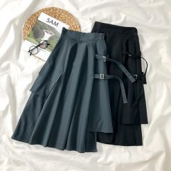 ItGirl Shop Dark Academia Outfits Black Asymmetric Techwear Pockets Loose Midi Skirt