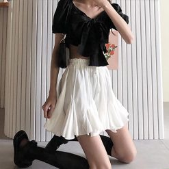 ItGirl Shop NEW Black Bow Knot Crop Top + White Mini Ruffle Skirt