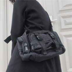 ItGirl Shop Black Canvas Multi Pockets Rave Shoulder Bum Bag