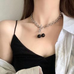 ItGirl Shop Aesthetic Grunge Black Cherry Grunge Style Silver Chain Necklace
