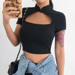 ItGirl Shop Black Chinese Style Elements Short Sleeve Crop Top Tops + T-Shirts