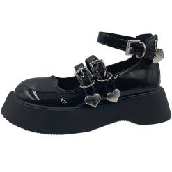 ItGirl Shop Dark Academia Outfits Black Glossy Lolita Heart Buckle Thick Sole Shoes