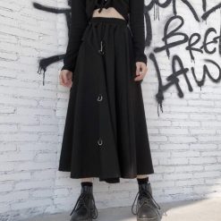 ItGirl Shop Black Goth Aesthetic Metal Ring Long Skirt Aesthetic Clothing