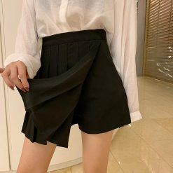 ItGirl Shop Dark Academia Outfits Black Gray School Pleated Hidden Shorts Mini Skirt
