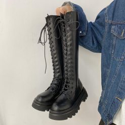 ItGirl Shop Aesthetic Clothing Black Grunge Aesthetic Knee-High Combat Boots