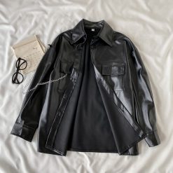 ItGirl Shop Aesthetic Grunge Black Grunge Aesthetic Pu Leather Loose Shirt Jacket