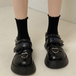 ItGirl Shop Black Harajuku Aesthetic Lace Heart Thick Sole Boots Dark Academia Outfits