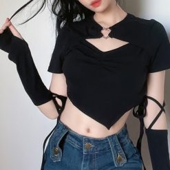 ItGirl Shop ???? Valentines Day Black Heart Buckle Cutout Sleeve Straps Crop Top