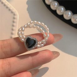 ItGirl Shop Black Heart Shaped Pearl Beads Adjustable Ring