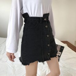 ItGirl Shop Black High Waist Front Buttons Denim Mini Skirt