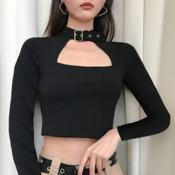 ItGirl Shop NEW Black Hollow Out Belt Collar Long Sleeved Cropped Top