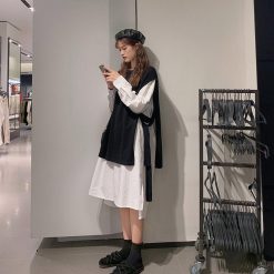 ItGirl Shop NEW Black Long Knit Loose Vintage Vest + White Light Dress