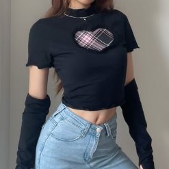 ItGirl Shop ???? Valentines Day Black Pink Heart Patch With Sleeves Cropped T-shirt
