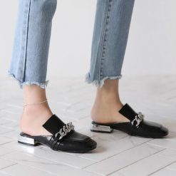 ItGirl Shop Black Pu Leather Closed Toe Metallic Chain Minimalistic Flat Sandals Egirl Outfits