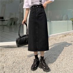 ItGirl Shop Black Retro Denim High Waist Long Skirt Dark Academia Outfits