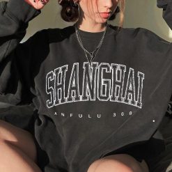ItGirl Shop Black Retro Shanghai Logo Print Oversized Sweatshirt
