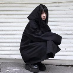 ItGirl Shop Black Simple Goth Aesthetic Loose Hooded Coat Jacket Aesthetic Clothing