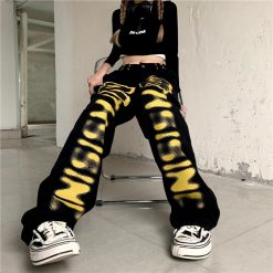 ItGirl Shop NEW Black Street Style Yellow Letters Print Loose Denim Pants