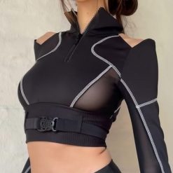 ItGirl Shop Black Transparent Techwear Cutout Zipper Collar Crop Top