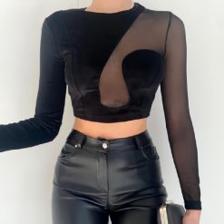 ItGirl Shop Black Velvet Transparent Cutouts Long Sleeved Slim Top
