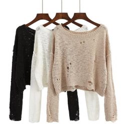 ItGirl Shop Black White Beige Knit Ripped Holes Crop Sweaters