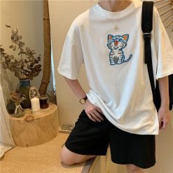 ItGirl Shop NEW Black White Cute Cat Embroideri Oversized T-Shirt