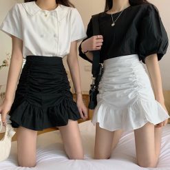 ItGirl Shop Black White Drawstring High Waist Frilly Mini Skirt