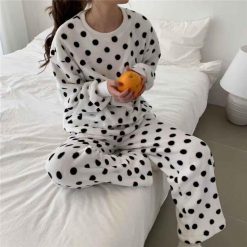 ItGirl Shop Black White Plush Comfy Polka Dot 2 Piece Pajama Set