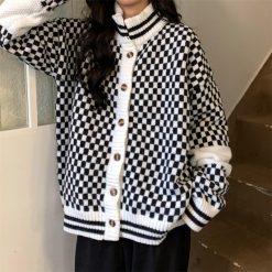 ItGirl Shop Black White Vintage Style Knitted Plaid Cardigan NEW