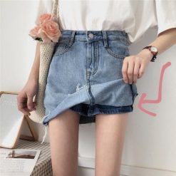 ItGirl Shop Blue Basic Denim Pencil Jean Skirt Ripped Edge With Hidden Shorts