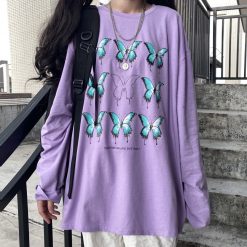 ItGirl Shop Fairycore Blue Butterflies Printed Loose Longsleeve Shirt